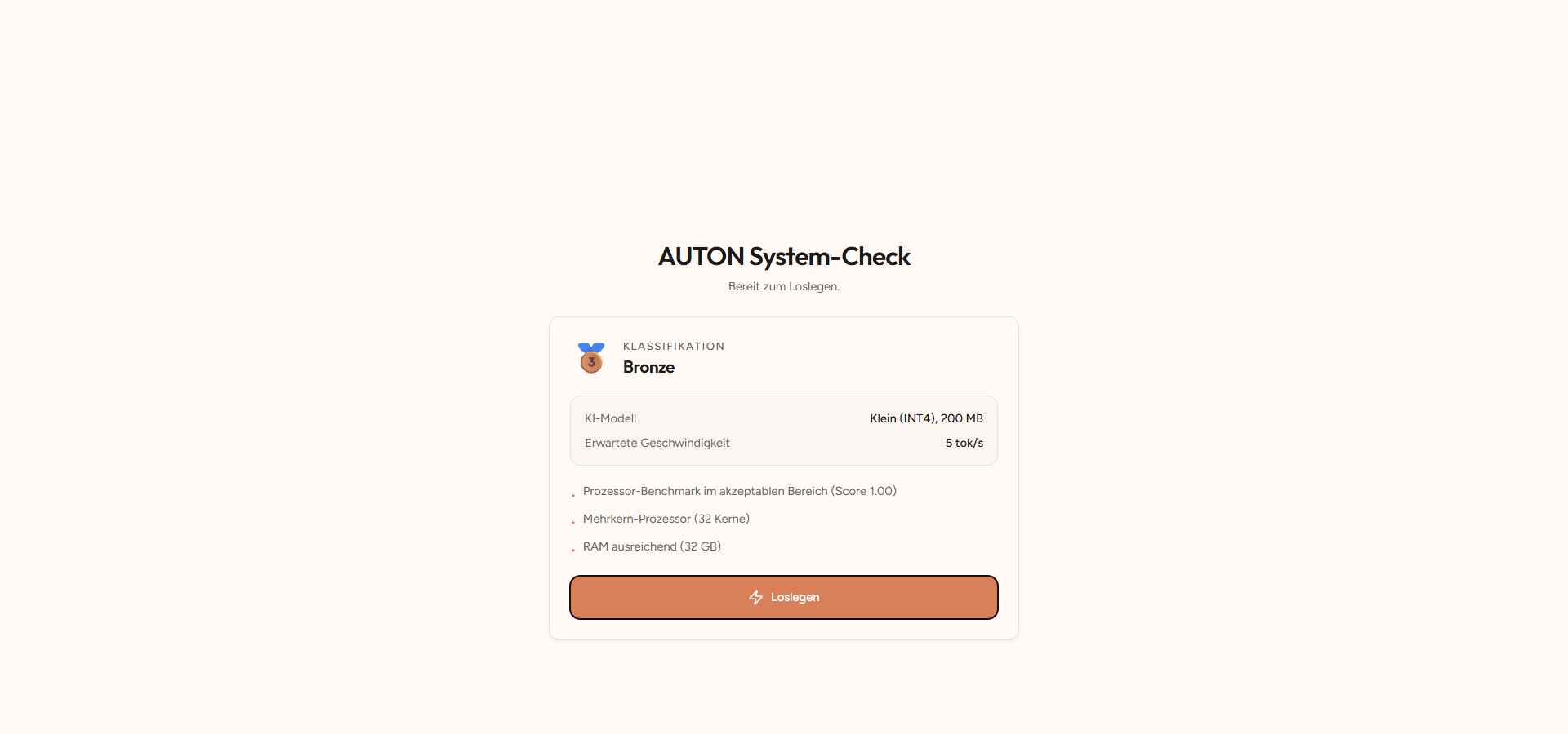 AUTON System-Check — Hardware-Erkennung mit Modell-Klassifikation Bronze/Silber/Gold